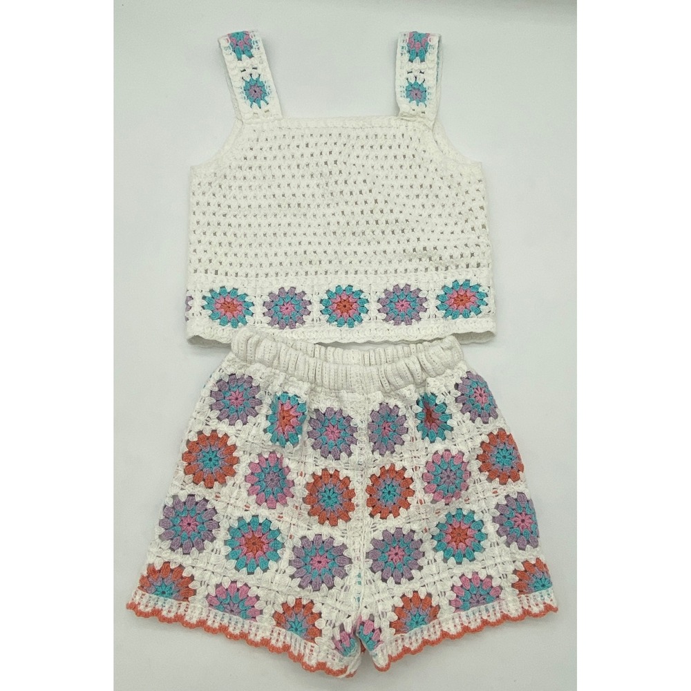 btween Kids White Floral Crochet Granny Square Tank Top and Shorts Set 4T